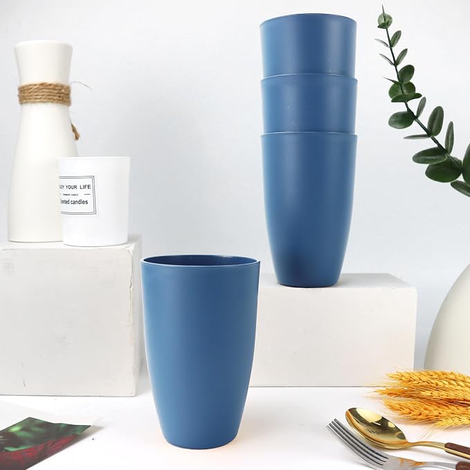 PYRMONT Wheat Straw Cups 20 Oz Alternative Plastic Cups Set of 6 Unbreakable Big Cups for Kitchen Dishwasher & Microwave Safe Large Water Cups for Coffee,Smoothie,Lemonade-Blue