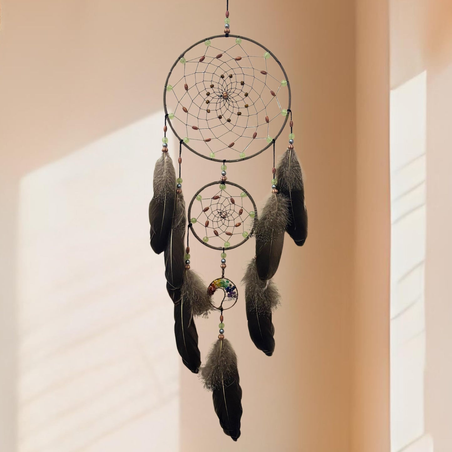 XEYOLHON Dream Catchers for Adults with Luminous Beads Dream Catcher with 7 Chakra Handmade Wall Decor with Native Feather Hanging Ornament for Bedroom Brown
