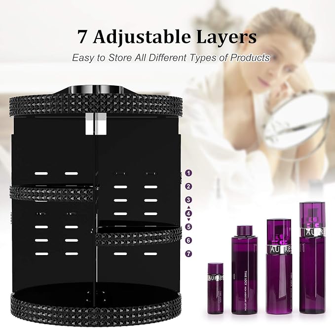 Awenia Makeup Organizer 360-Degree Rotating, Adjustable Makeup Storage, 7 Layers Large Capacity Cosmetic Storage Unit, Fits Different Types of Cosmetics and Accessories, Plus Size(Black)
