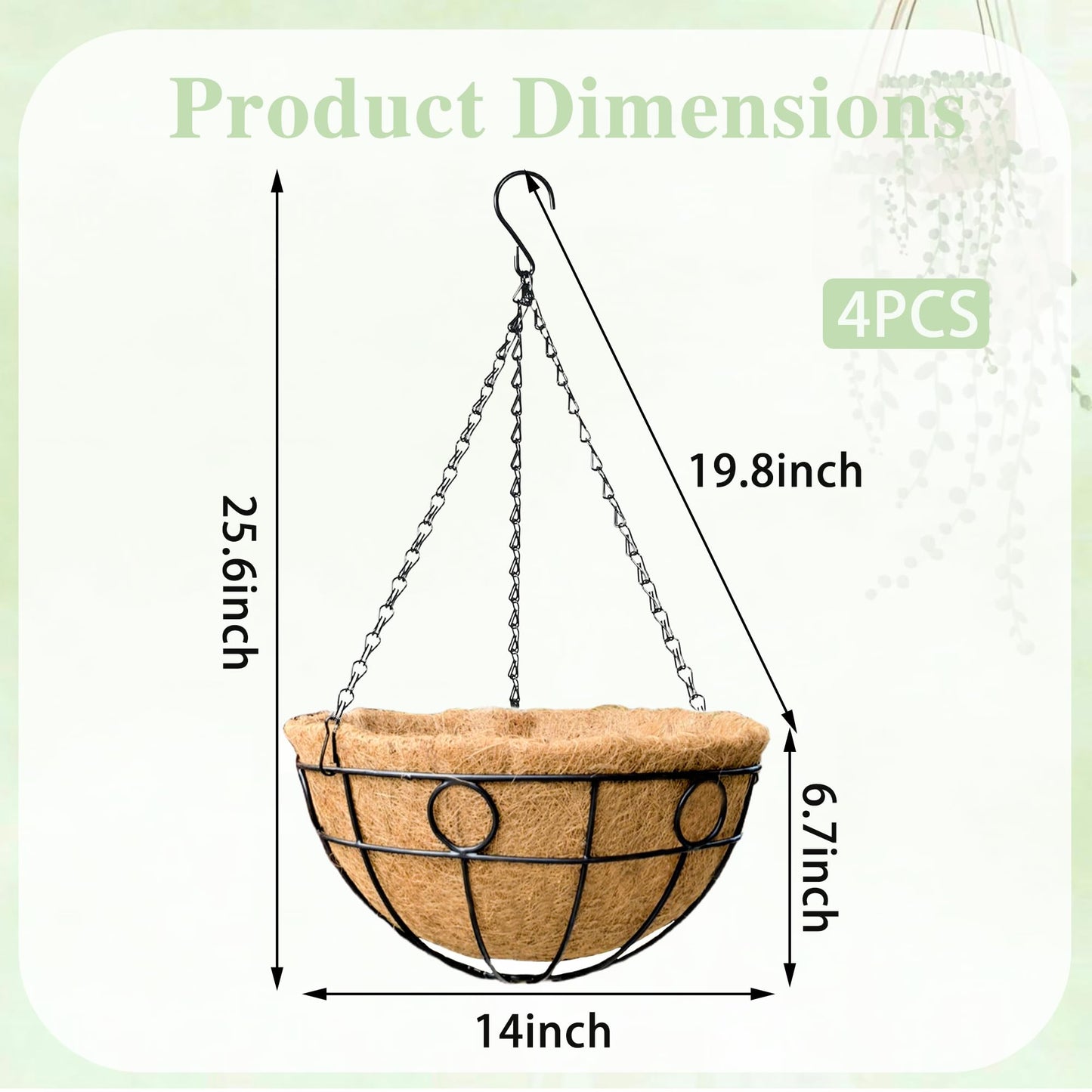 EIMQUVW Outdoor Hanging Planter(4-Pack) Black Metal Hanging Baskets with Coconut Fiber Lining 14 inch Round Chain Flower Pots for Patio Garden Greenery Decoration