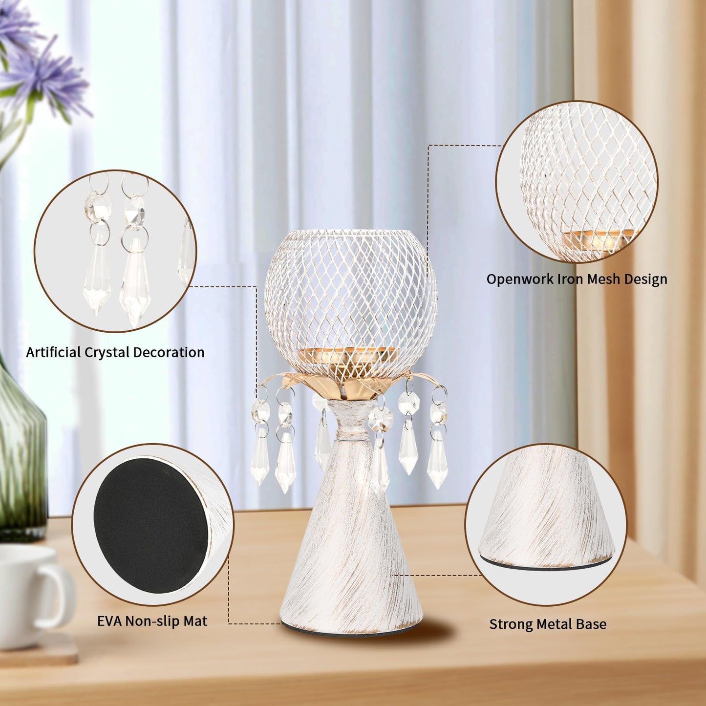 CAUWSAI White Gold Metal Mesh Candle Holder with Crystal Pendants, 9.0" Decorative Pedestal Design, Diamond Globe Top, Matte Finish, Candlestick for Home and Holiday Decor & Valentine's Day
