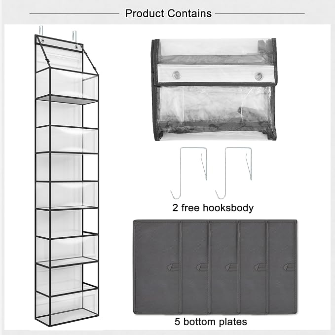 Fixwal Over The Door Hanging Pantry Organizer - 5-Shelf Room Storage With Clear Plastic Pockets for Behind The Door - Large Capacity for Closet, Bedroom, Bathroom (Grey)