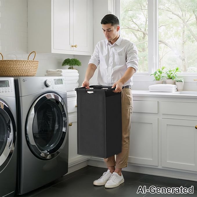 Herture Laundry Hampers with Shelf, Laundry Basket 3 Section, Laundry Sorter with Pull-Out Removable Large 3 Color Bags and Movable Wheels, Metal Frame, 3 x 15.87 Gallons (60L), Black PF04XLK
