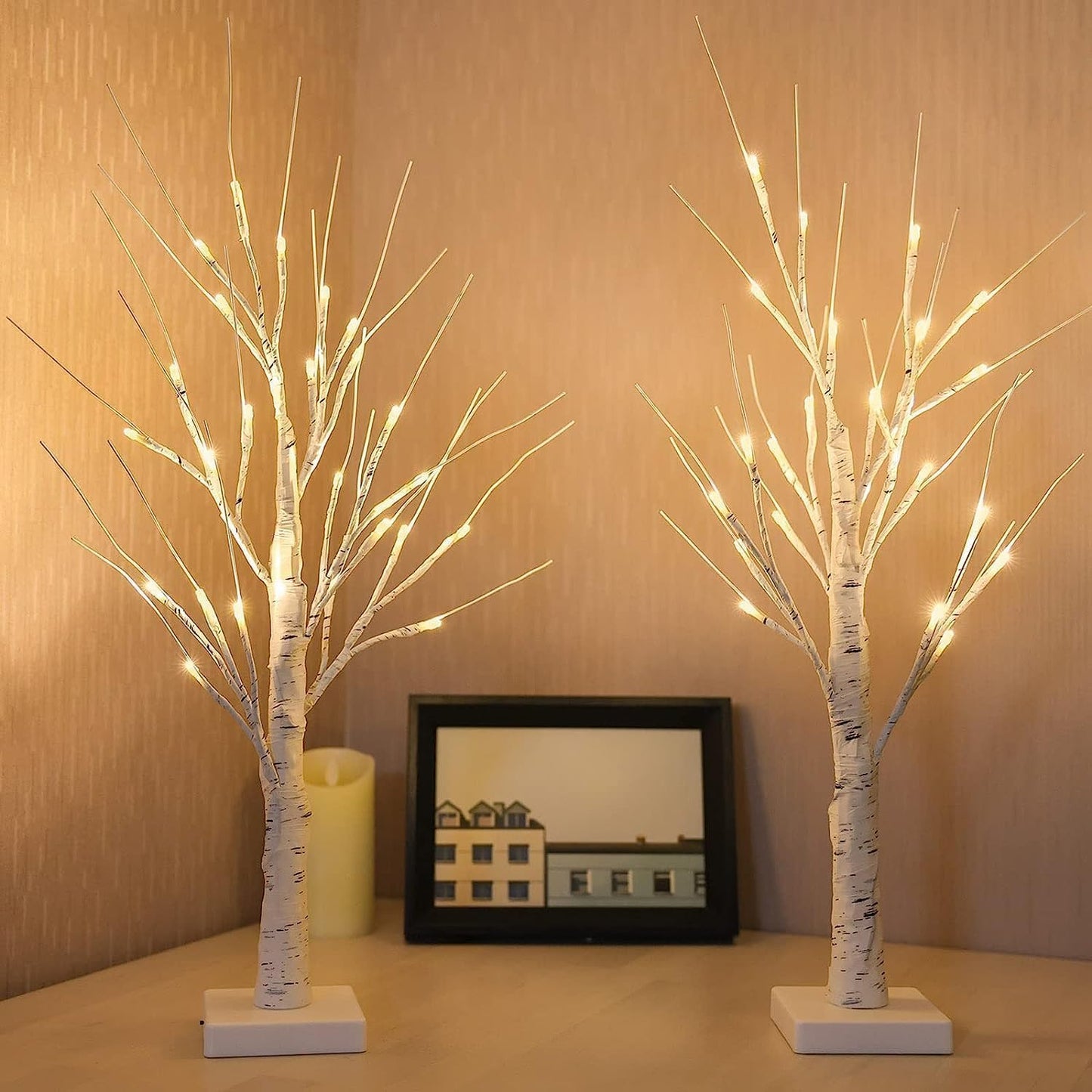 2-Pack 2FT Lighted Birch Tree with Timer for Easter Decorations Indoor, Artificial Birch Tree with 48 LED Warm White Lights, Fairy Light Tabletop Centerpiece Tree for Christmas Winter Deocrations