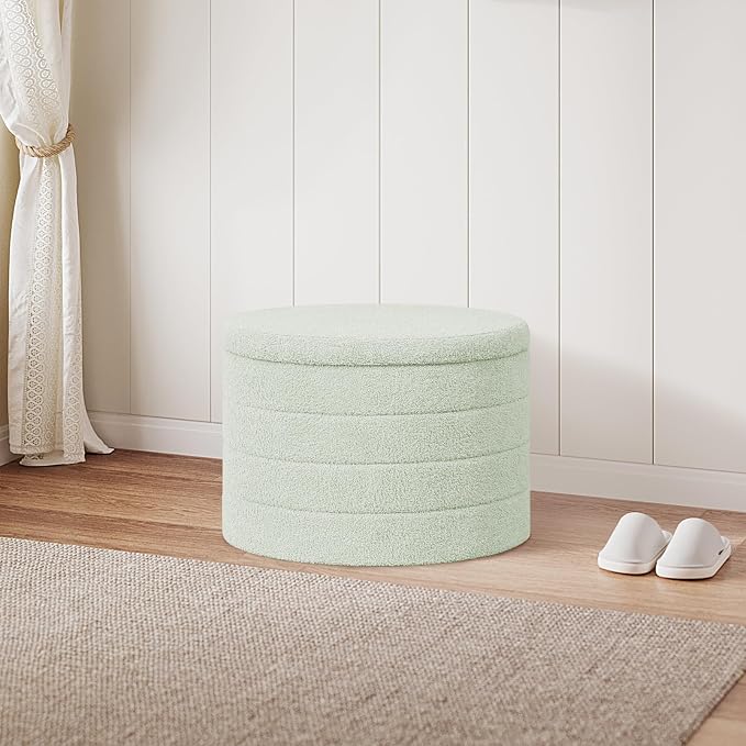 PINPLUS Round Ottoman with Storage, Foldable Sherpa Ottoman Stool with Tray,Boucle Foot Rest for Living Room, Bedroom, Dorm(Green)
