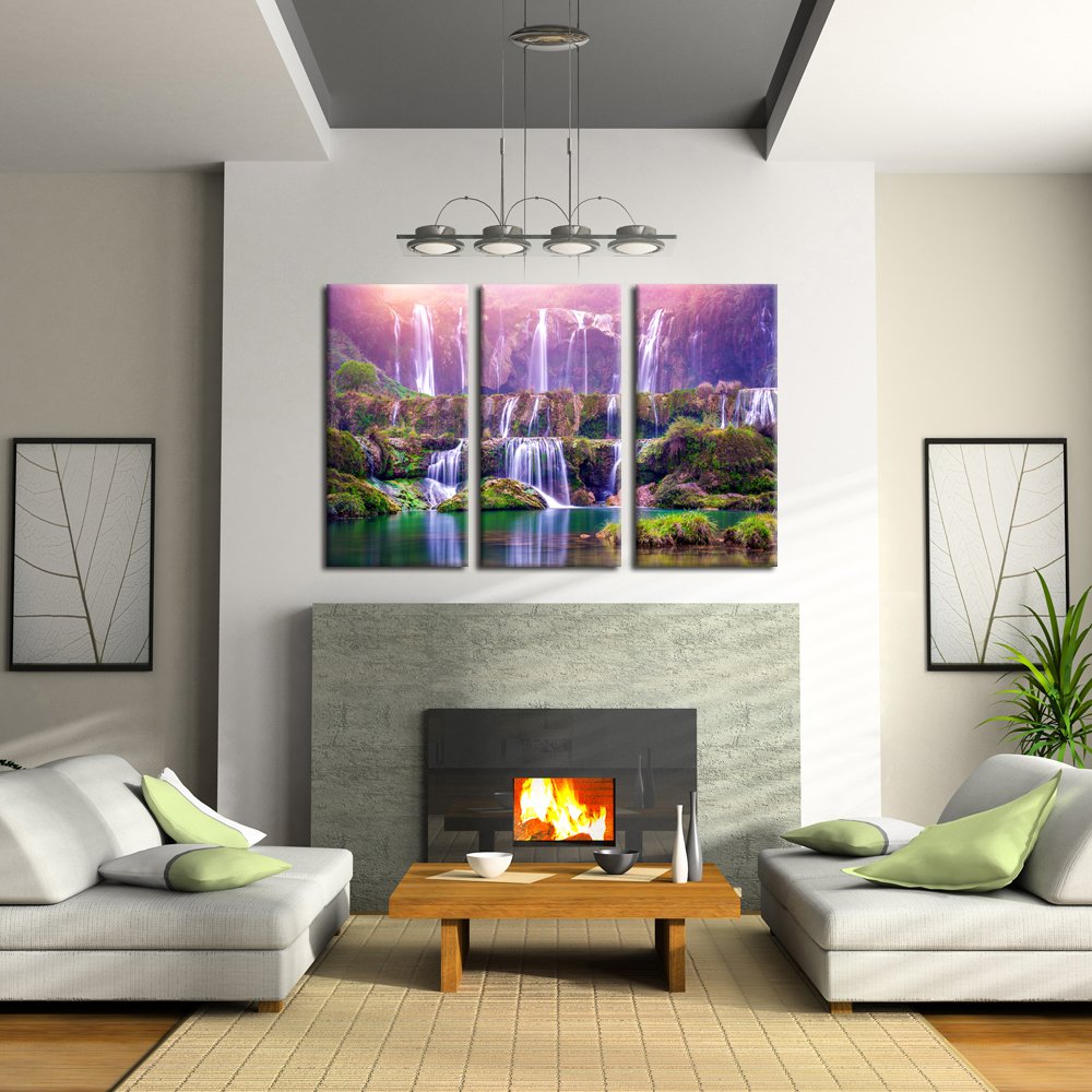 KREATIVE ARTS Large Size 3 Pieces Peaceful Dreamlike Waterfall Canvas Wall Art Purple Landscape Picture Artwork Modern Nature Painting Hotel Bedroom Interior Home Decor 16x32inchx3pcs