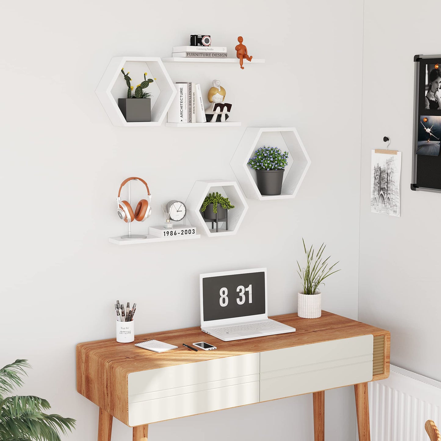 LUDORU Wooden Hexagon Floating Shelves Wall Mounted - Set of 6 Pine Wood Hexagon Shelves Display for Photos,Plants,Rustic Honeycomb Shelves for Living Room, Bedroom,Bathroom, Kitchen, Office, White.
