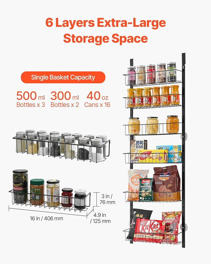 VEVOR Over the Door Pantry Organizer, 6-Tier Pantry Organization and Storage, Heavy-Duty Steel Hanging Spice Rack, Adjustable Wall Seasoning Shelves, for Home Kitchen Laundry Room Bathroom, Black