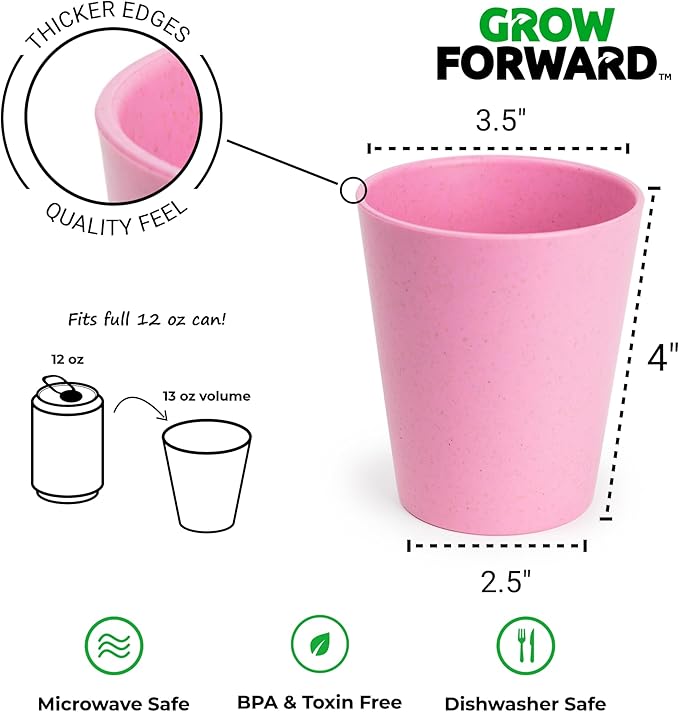 Grow Forward Premium Plastic Kids Cups - 13 oz Unbreakable Wheat Straw Cups for Kids - Non Toxic BPA Free Drinking Glasses for Water, Smoothie - Small Dishwasher Safe Kitchen Tumblers - Floral