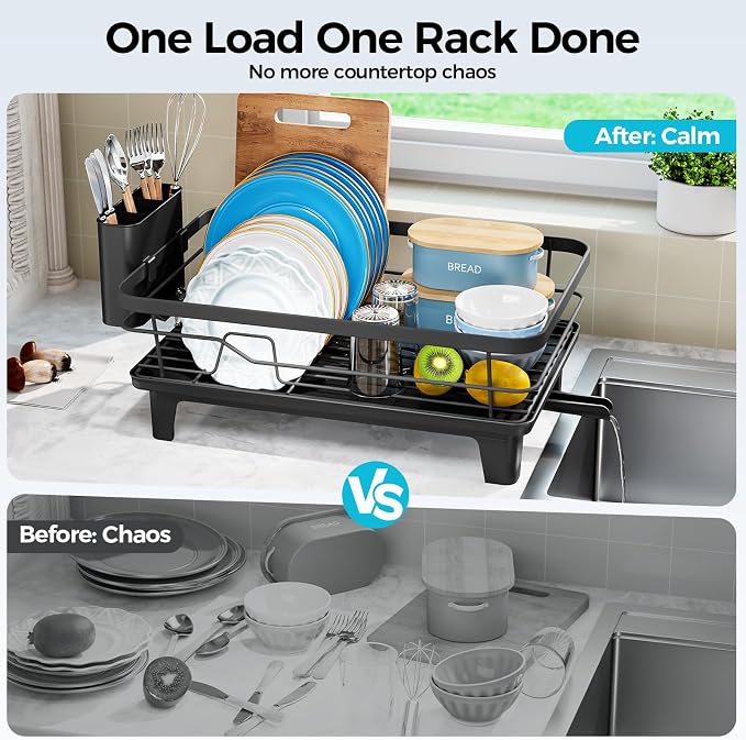 Urackify Dish Drying Rack for Kitchen Counter, Sink Dish Rack with Drainboard 12.2" W x 16.5" L, Large Dish Drainer with Cutlery Holder, Home Countertop Plate Dryer Storage Rack, Black