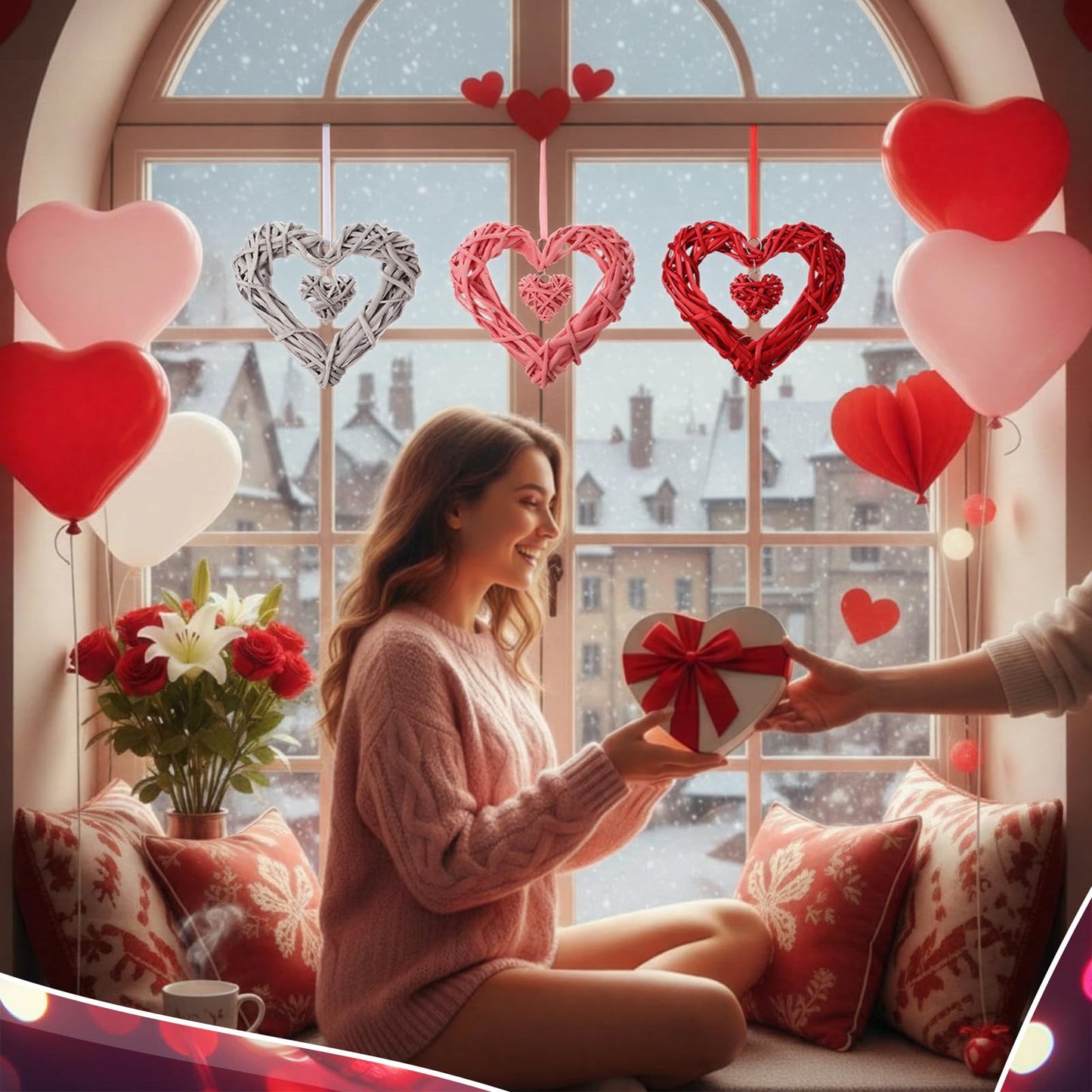 Amyhill 3 Pcs Large Valentine's Day Rattan Hearts Themed Hanging Decor Heart Shape Wicker Wreath Rustic White Pink Red Ornament for Weddings Holiday Party Home Decoration Wall Front Door Display