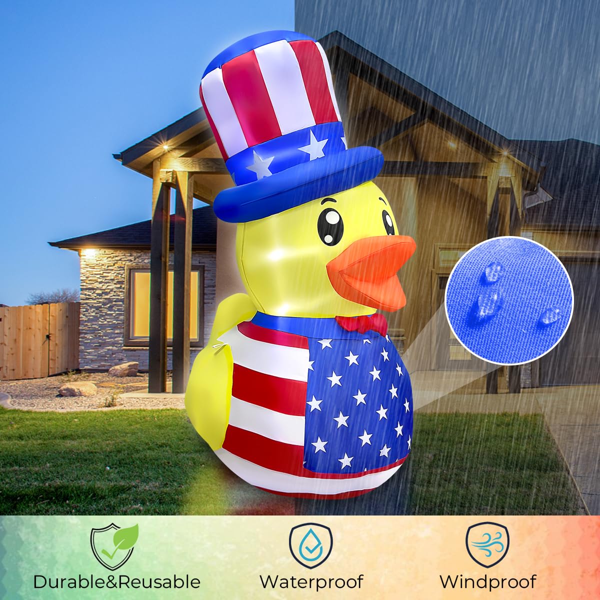 5FT Patriotic Independence Day 4th of July Inflatable Duck Decorations Outdoor Decor with Built-in LED Lights Blow Up Yard Decoration for Holiday Patriotic Party