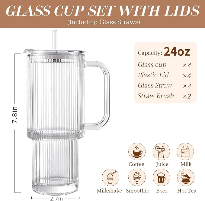 Iced Coffee Cups with Lids: Coffee Bar Accessories - Ribbed Glass Tumbler with Straw and Lid 4 Pack - 24oz Tumbler Leak Proof - Glass Cups and Tumblers with Lid and Straws - Coffee Tumbler with Handle