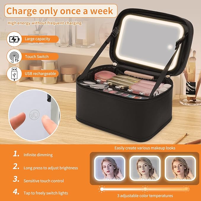 Makeup Bag With LED Mirror, Lightweight Travel Makeup Bag With 3 Color Setting Light Up Mirror Cosmetic Makeup Organizer Vanity Case for Women Beauty Tools Accessories Rechargeable Train Case-Black
