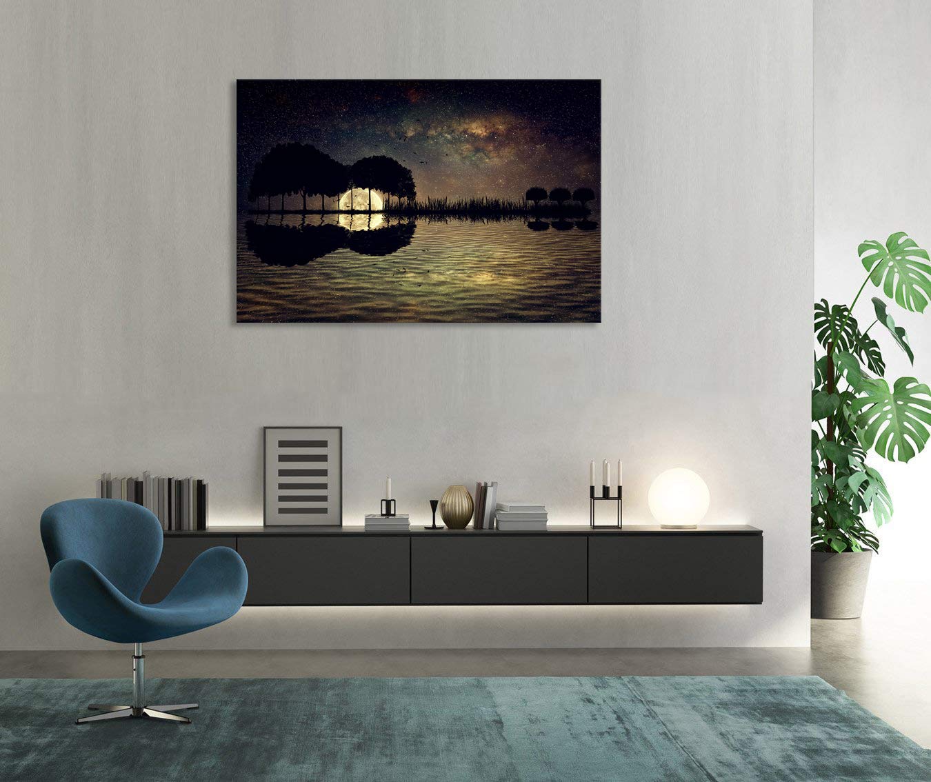 Urttiiyy Abstract Guitar Trees Arranged in a Shape of a Guitar on a Starry Sky Background in a Full Moon Night Guitar Canvas Wall Art Modern Home Music Decor Framed Ready to Hang