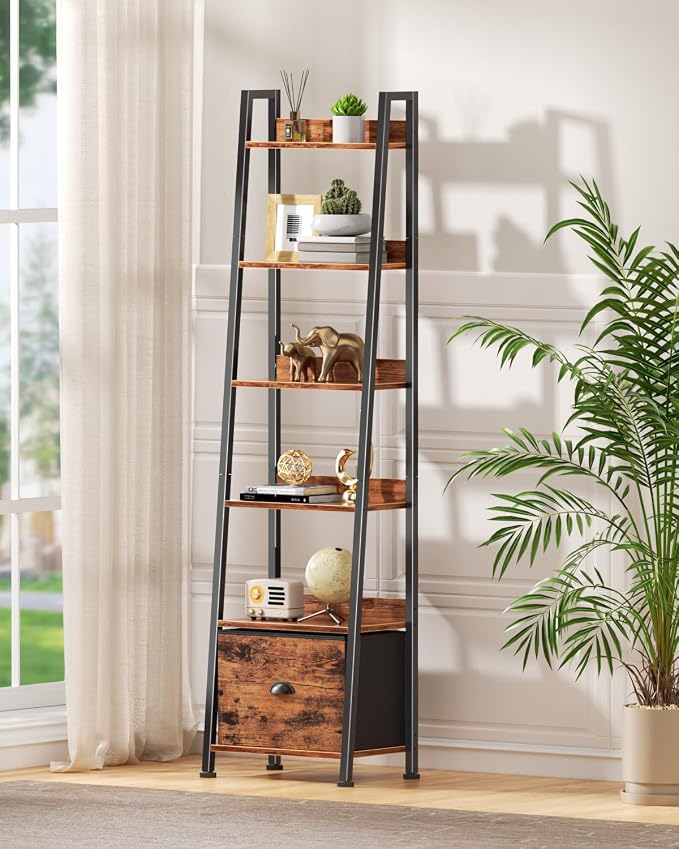 Furologee 6 Tier Ladder Shelf,Ladder Bookshelf with Drawer,Industrial Tall Bookcase,Storage Rack Organizer,Wood Metal Freestanding Shelves for Living Room, Home Office, Bedroom,Rustic Brown