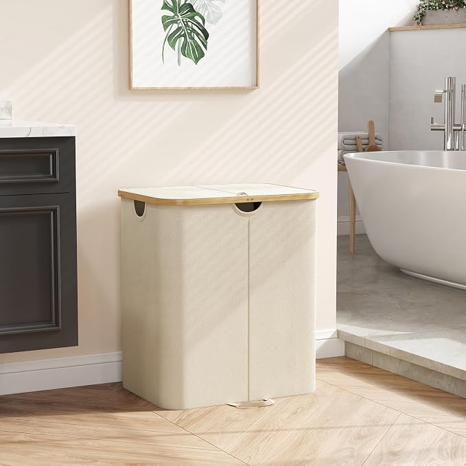 Lifewit 120L Double Laundry Hamper with Lid, Large Laundry Basket with Removable Bag & Bamboo Handles, Fodable Tall Dirty Clothes Hamper for Laundry Collapsible Bin for Bathroom Bedroom Dorm, Beige