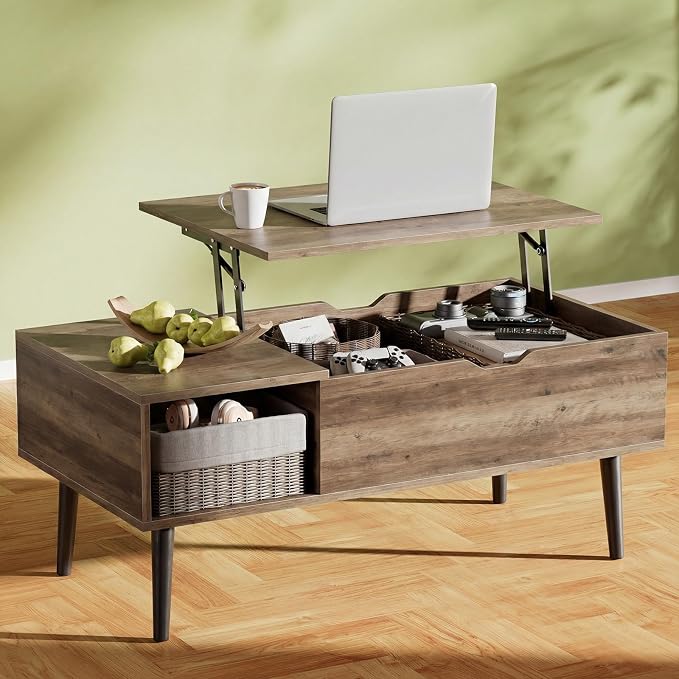 OLIXIS Wooden Coffee Table, Lift Top Coffee Stand with Large Hidden Compartment and Ample Storage Shelf, Lift Tabletop Dining Table for Living Room, Home Small Space, Grey