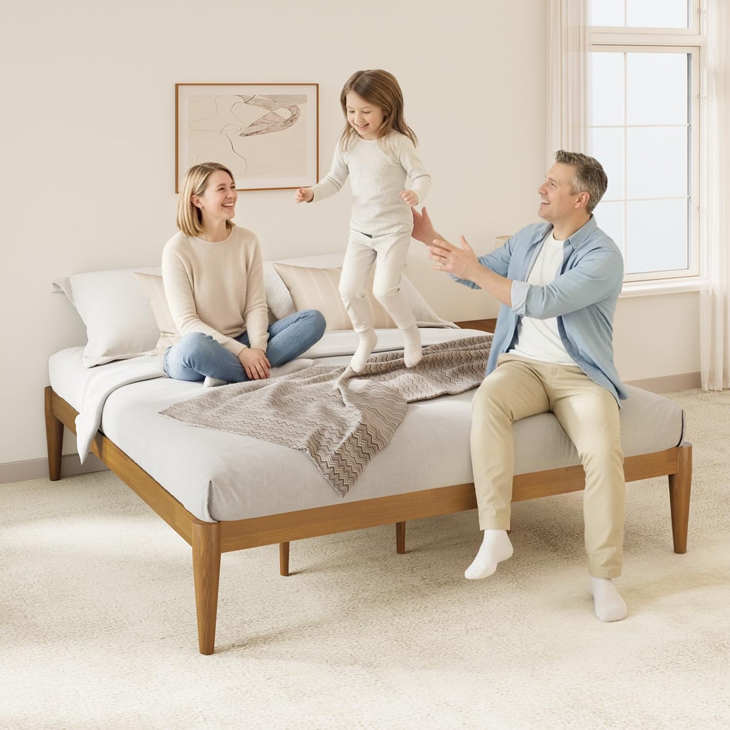 IOTXY California-King Platform Bed Frame - Solid Wood 16-Inch Height Mattress Foundation Base with Densely Slats and Heavy-Duty Support Legs, No Box Spring Needed, Teak