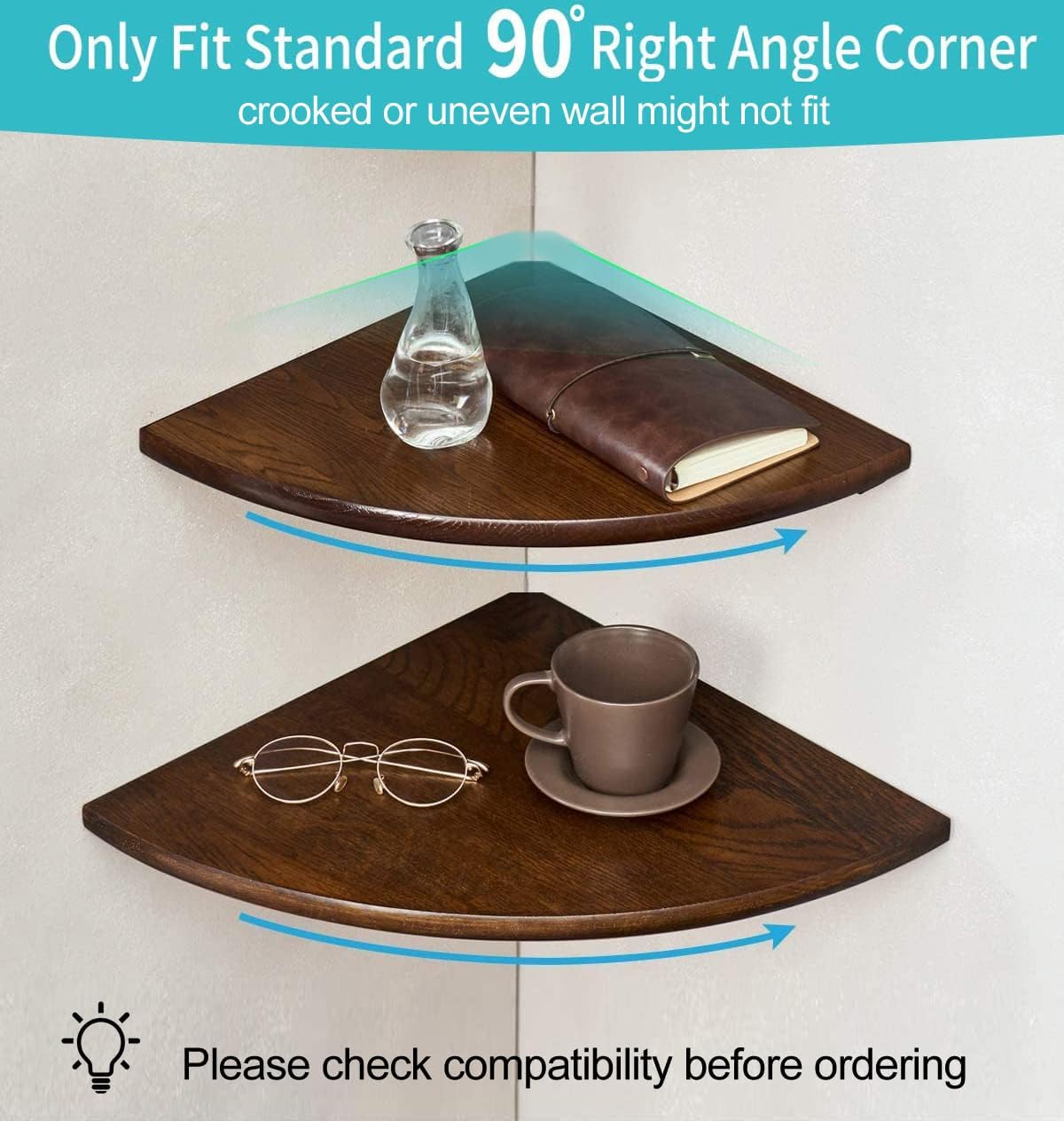 Conamily Corner Shelf,14inch Walnut Solid Wood Floating Corner Shelves Wall Mount Round End Floating Speaker Rack with Wire Hole for Small Plant for Bedroom Kitchen, Living Room