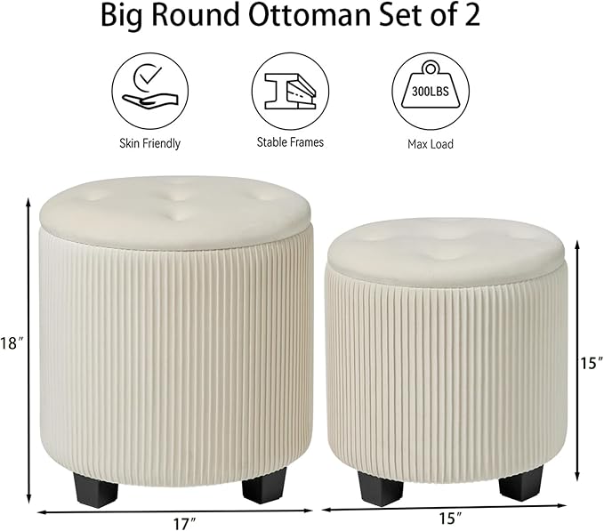 BLEXA Big Round Ottoman with Storage Set of 2, Upholstered Velvet Vanity Stool for Makeup Multifunctional Foot Rest Coffee Table Padded Seat Tufted Ottomans for Living Room&Bedroom (Large White)