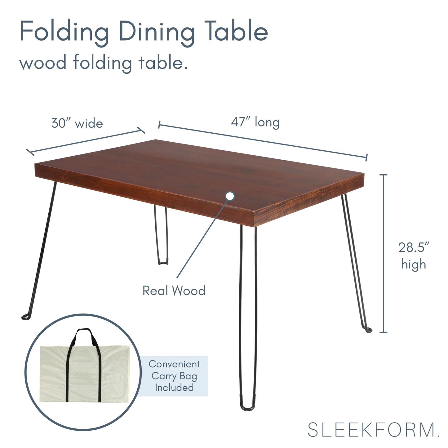 Sleekform Wooden Folding Dining Table for 4 - with Collapsible Hairpin Legs - 4 ft Portable Small Foldable Dining Room Table for Farmhouse Kitchen and Small Spaces - Walnut