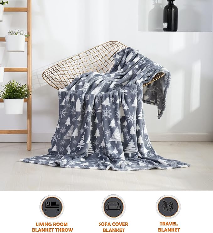 Elegant Comfort Luxury Velvet Super Soft Christmas Prints Fleece Blanket-Holiday Theme Home Décor Fuzzy Warm and Cozy Throws for Winter Bedding, Couch and Gift, 50 x 60 inch, Christmas Tree