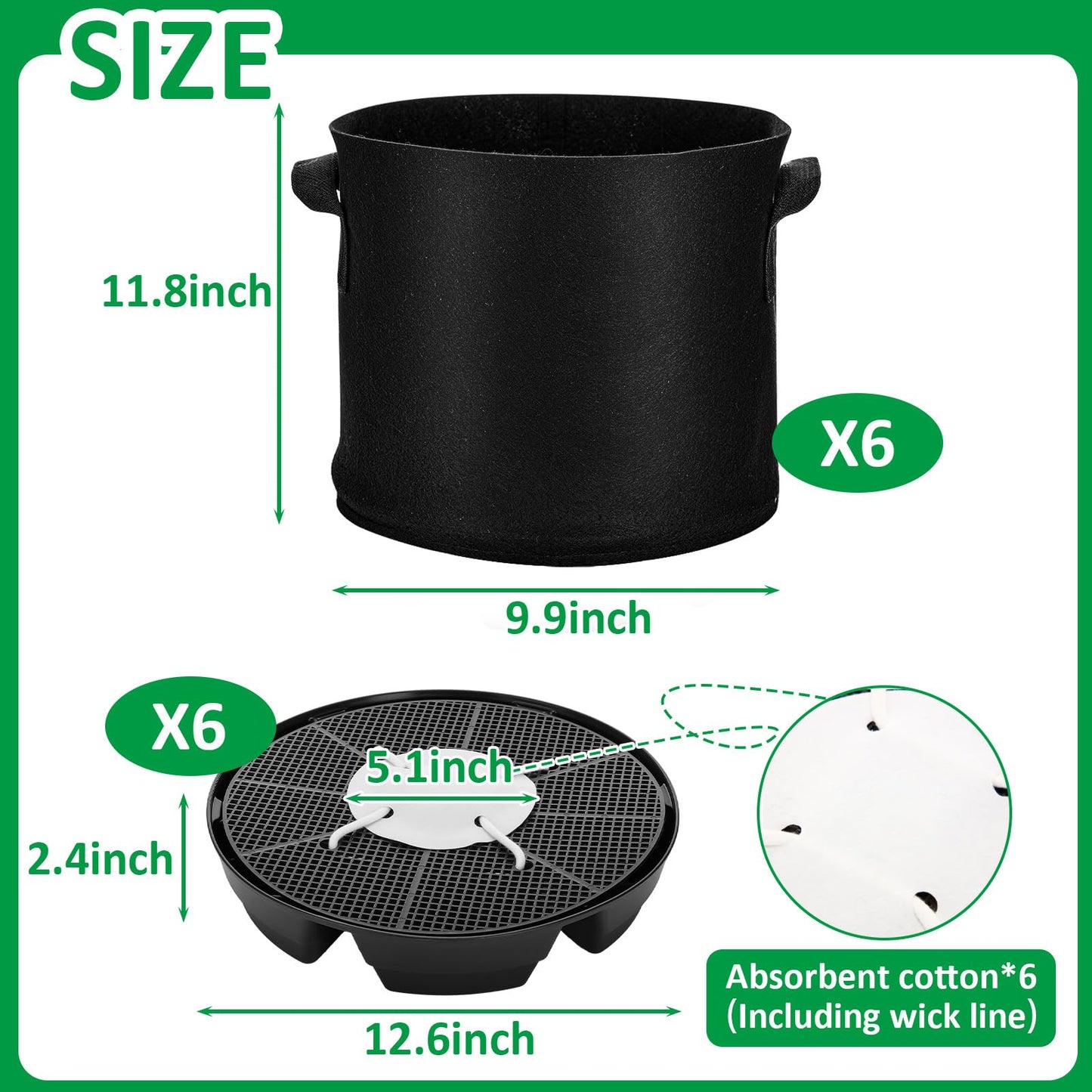Jingmore 6 Set Self Watering Fabric Pot Base 3 Gallon Plant Nonwoven Grow Bags Automatic Watering System Plant Saucer Elevated Flower Trays with Handles for Fruits Vegetables Flowers Grow(Black)