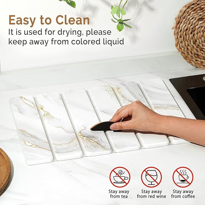 Small Stone Dish Drying Mat for Kitchen Counter, 15.7"×12" & 8"x4" Quick Dry Stone Mats, Foldable Water Absorbing Diatomaceous Earth Drying Dish Pad for Countertop Bottles Utensils Cup(Gold White)