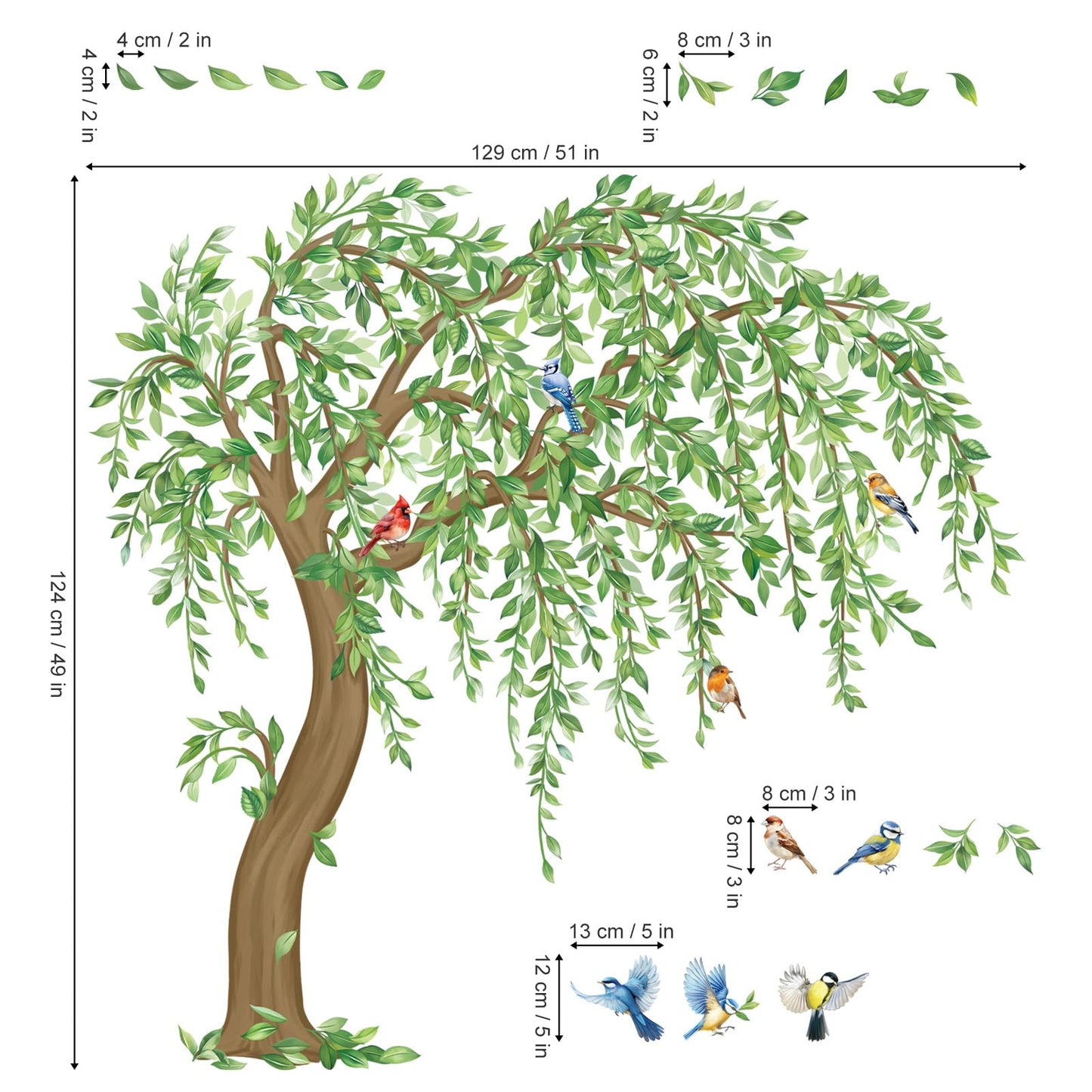 decalmile Large Green Tree Wall Stickers Hanging Vine Falling Leaves Birds Wall Decals Living Room Bedroom Office Wall Decor Home Decor