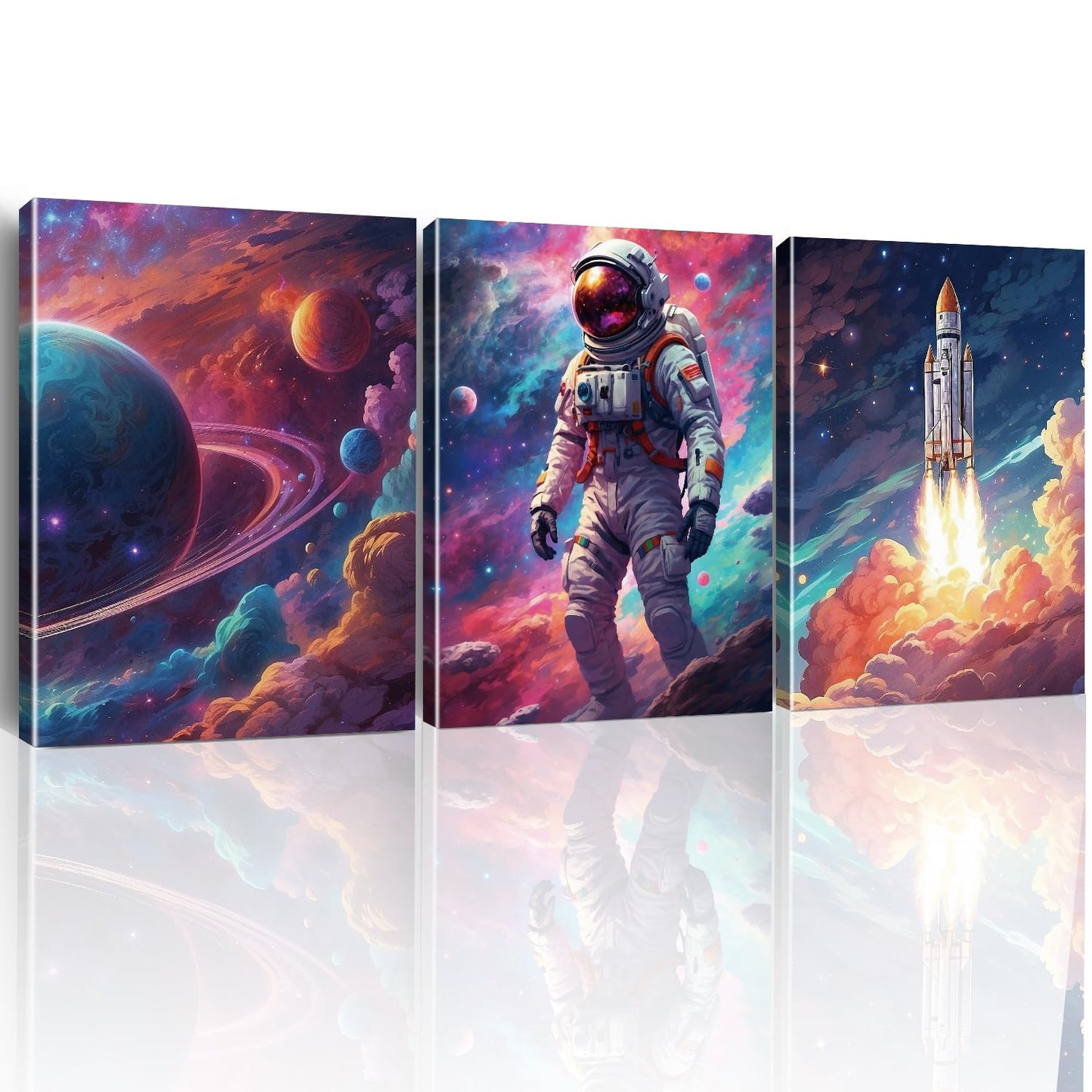 Outer Space Art Wall Decor Astronaut Spaceman Planets Spaceship Canvas Prints Posters Framed Artwork Space Room Boys Bedroom Playroom Nursery Home Space Decorations, 3 Panels