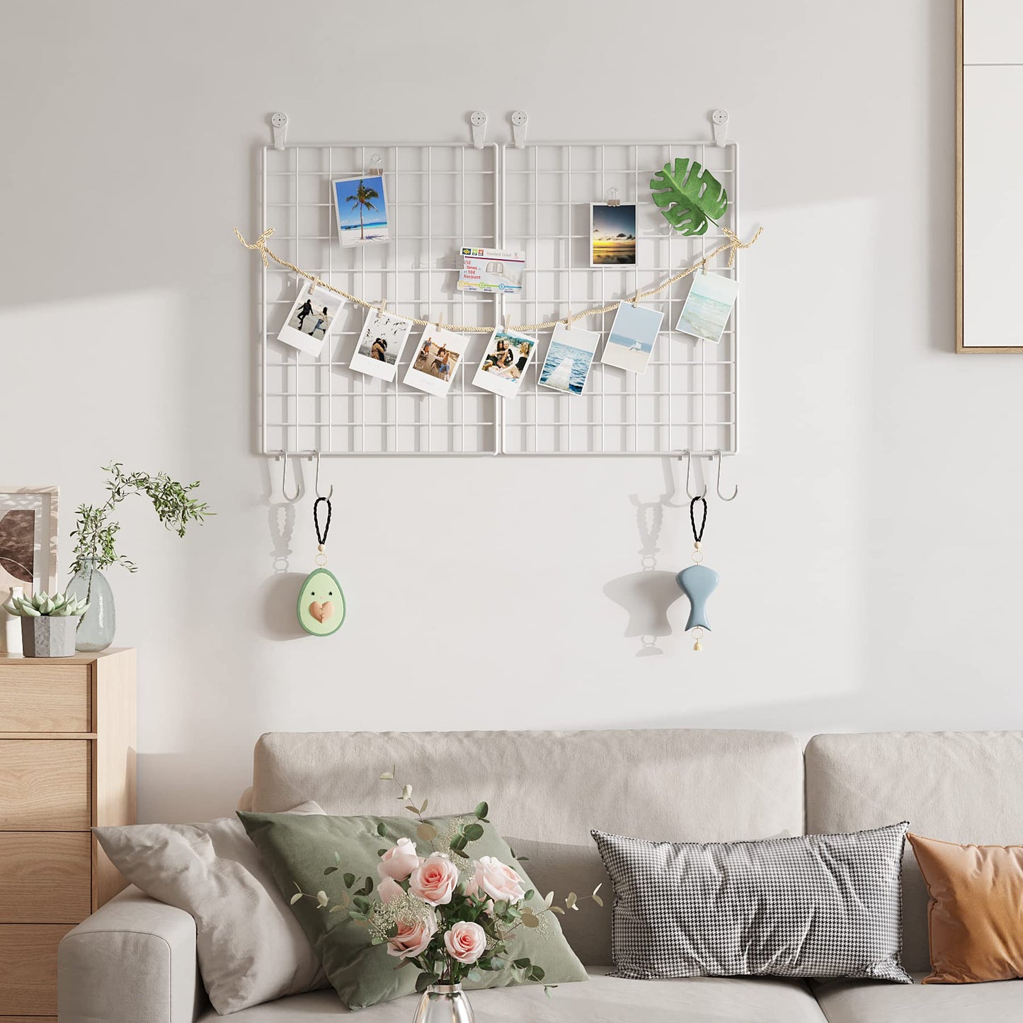 C&AHOME Photo Wall Display Set of 2, Grid Panel with Hooks, Clips, Hemp Cord, Hammer - 15.7" x 11.8", White UWWGM3402W