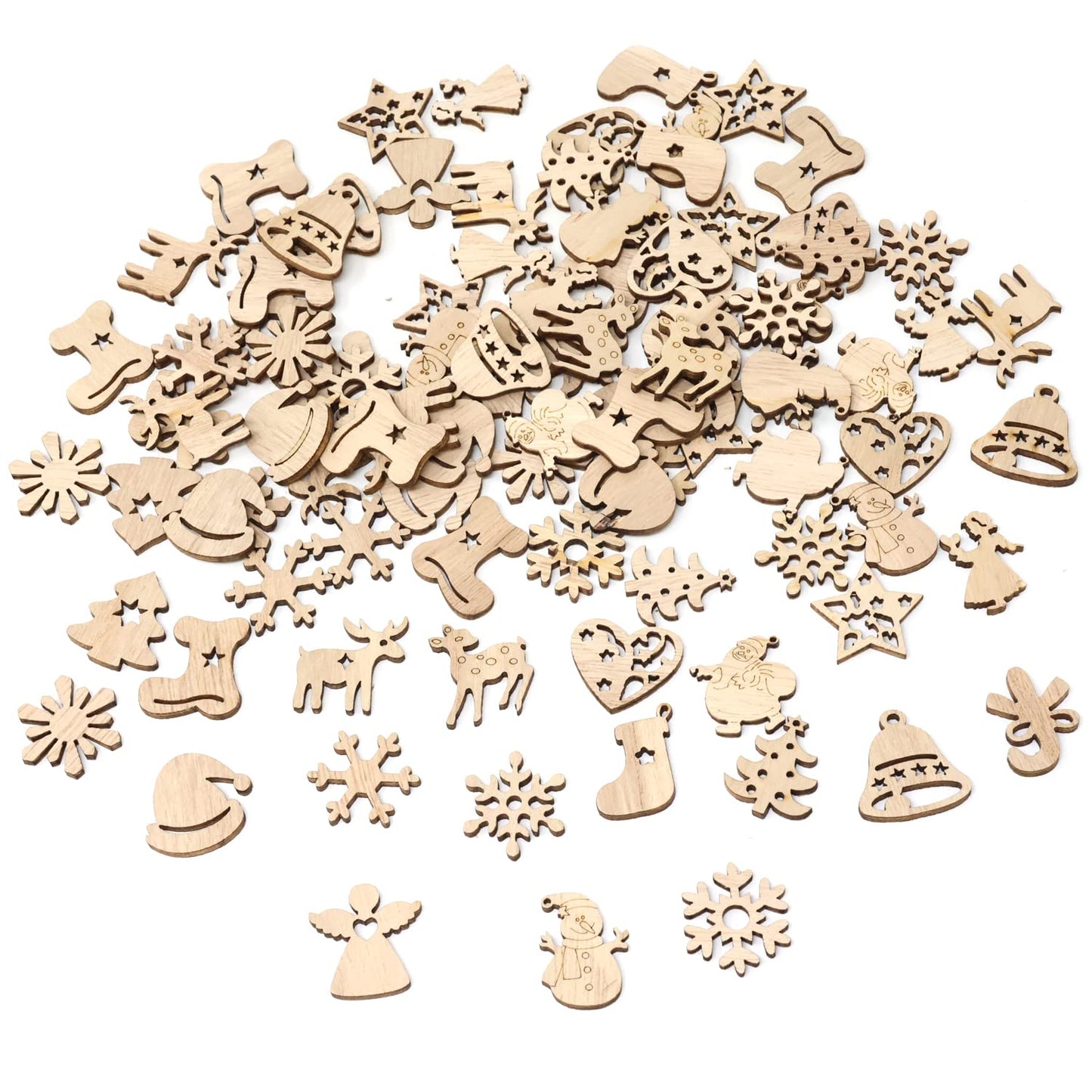 yueton 100PCS Mini Christmas Tree Snowflakes Stars Moose Bells Hats Socks Angels Christmas Unfinished Blank Wood Pieces Wood Slices Wood Chips Embellishments for DIY Crafts, Home Decoration, etc