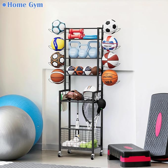OYEAL Freestanding Ball Rack with Wheels Garage Basketball Storage Cart Outside Sports Equipment Organizer Ball Holder with Storage Baskets for Basketball, Soccer, Volleyball, Football, Black