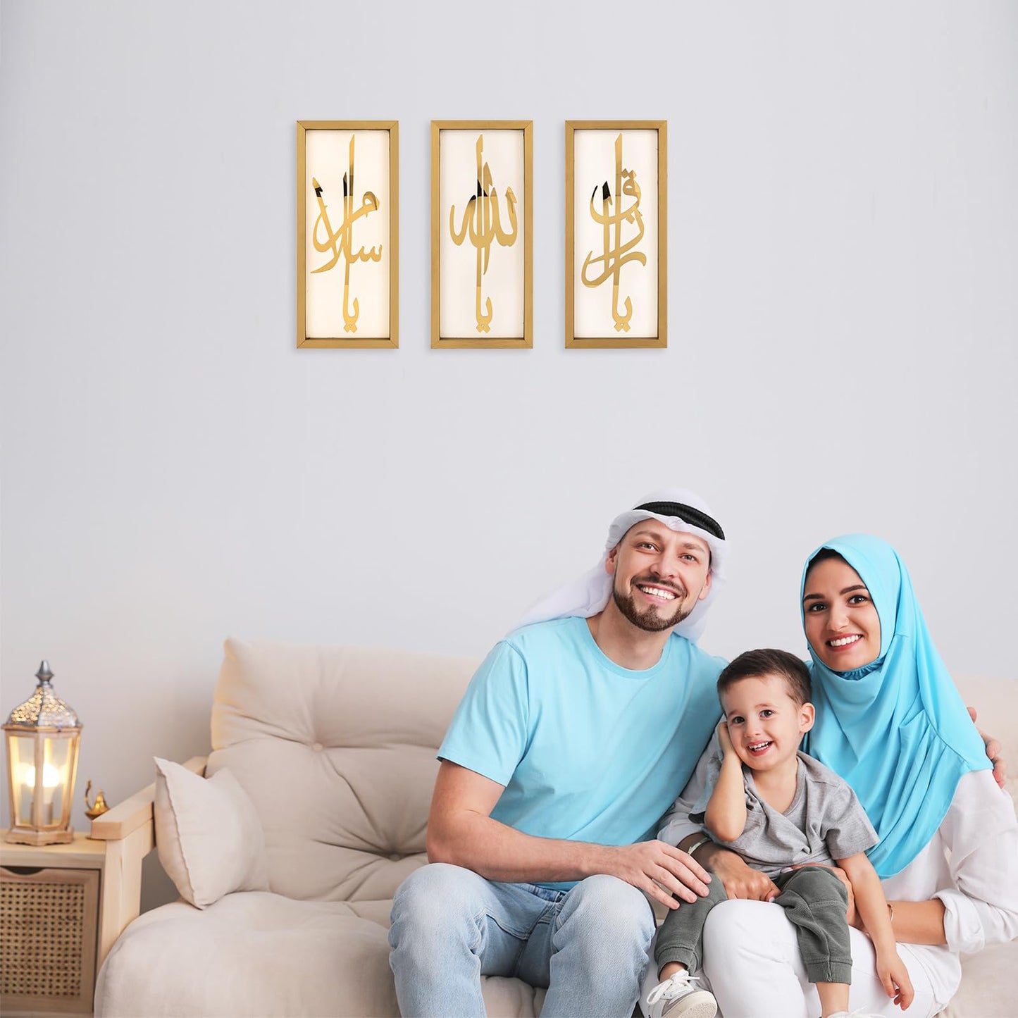 flangairy Set of 3 Islamic Wall Art, 15.7×7.1 Inch Gold Acrylic Arabic Calligraphy Allah Muhammad Ali Wooden Muslim Wall Decor, Eid Ramadan Living Room Bedroom Decorations for Home, Housewarming Gift