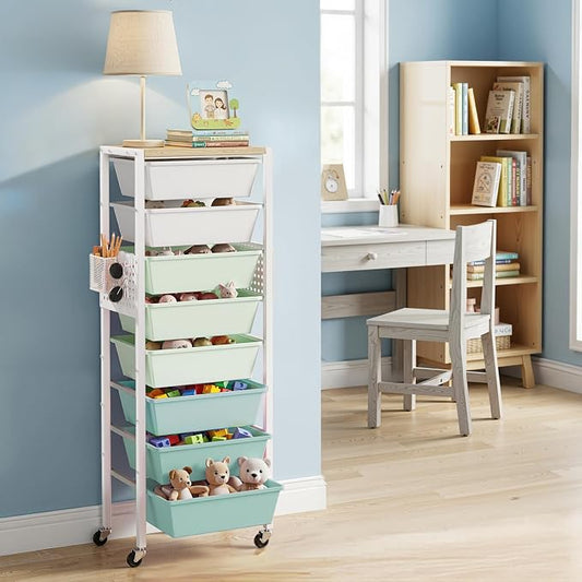 Rolling Cart with Drawers, Rolling Storage Cart with Large Plastic Drawers & Wooden Tabletop, Utility Cart with Pegboards & Basket, Storage Drawers Cart for Living Room, Classroom, Bedroom, Office