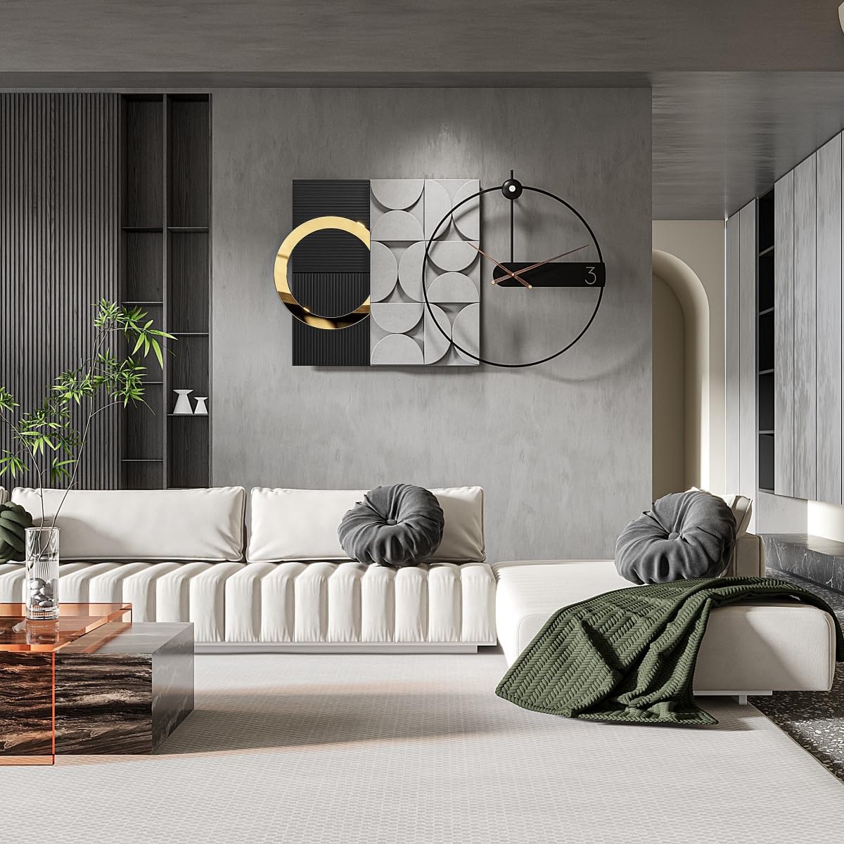 Mid Century Modern Wall Clock 3D Luxury Large Geometric Silent Non Ticking for Living Room Oversized Boho Farmhouse Mechanism, Big Unique Metal Fancy Clock Wall Decor for Bedroom Kitchen, Black 30×18"