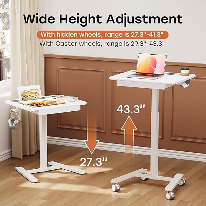 Small Mobile Standing Desk with Drawer, 23.6"x19.7" Rolling Laptop Cart on Wheels, Height Adjustable Sit Stand Computer Workstation with Storage for Compact Space, White