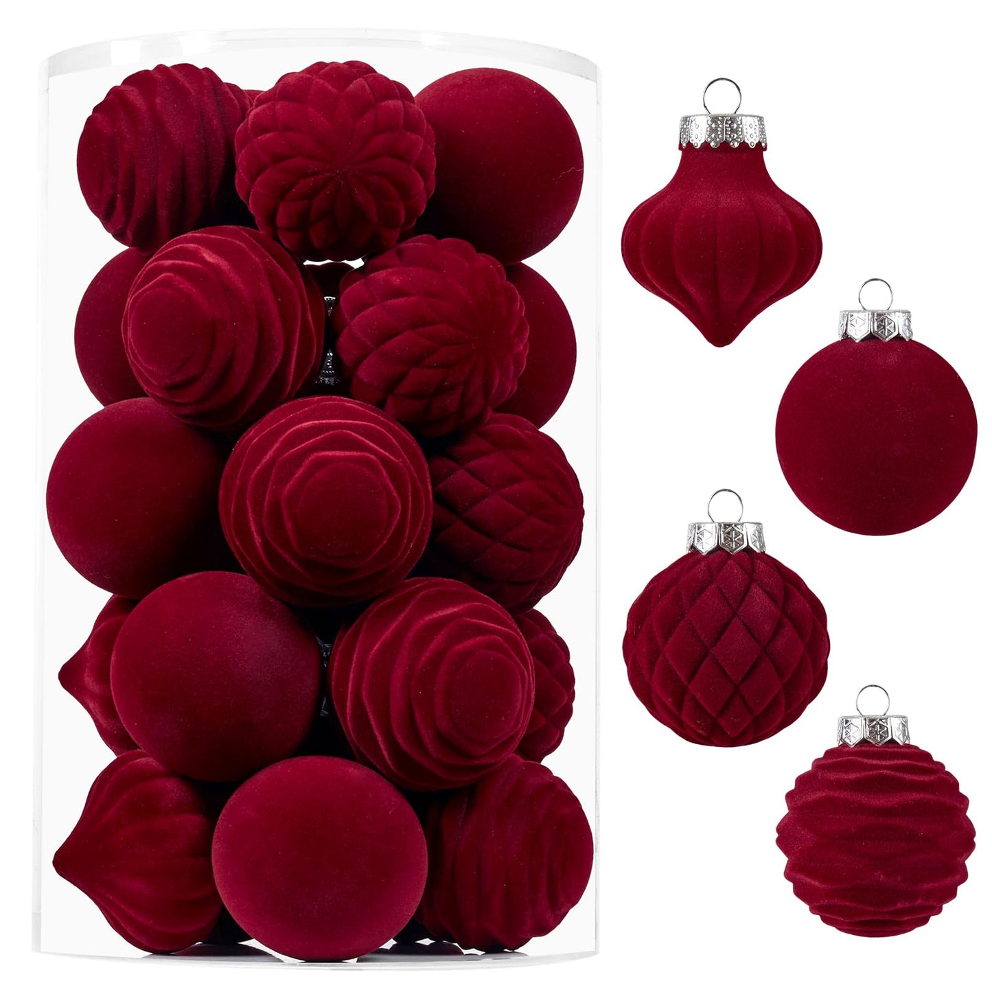 Wironlst Velvet Ornaments for Christmas Tree, 4 Style Flocked Matte Velvet Christmas Ball Ornaments, Shatterproof Decor for Xmas Tree Wedding Holiday Party Home (2.36" 25pcs Burgundy)