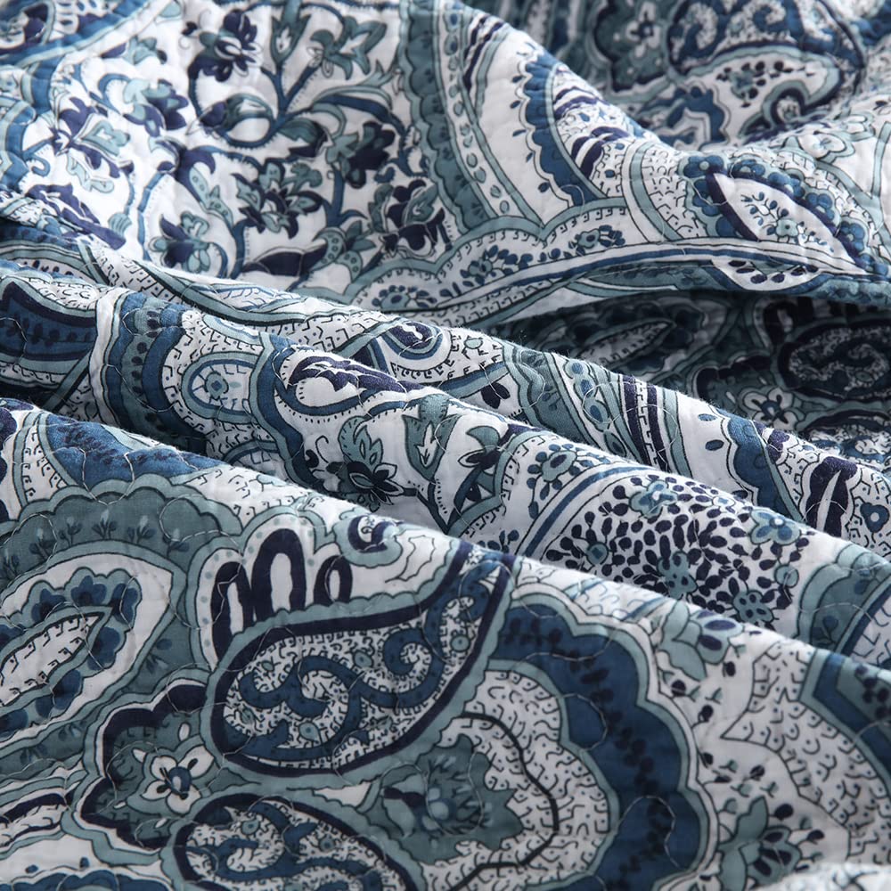 Autumn Dream Cotton Bedspread Quilt Sets, 3 Pieces Reversible Comforter Coverlet Sets,Blue Floral Paisley,Queen Size