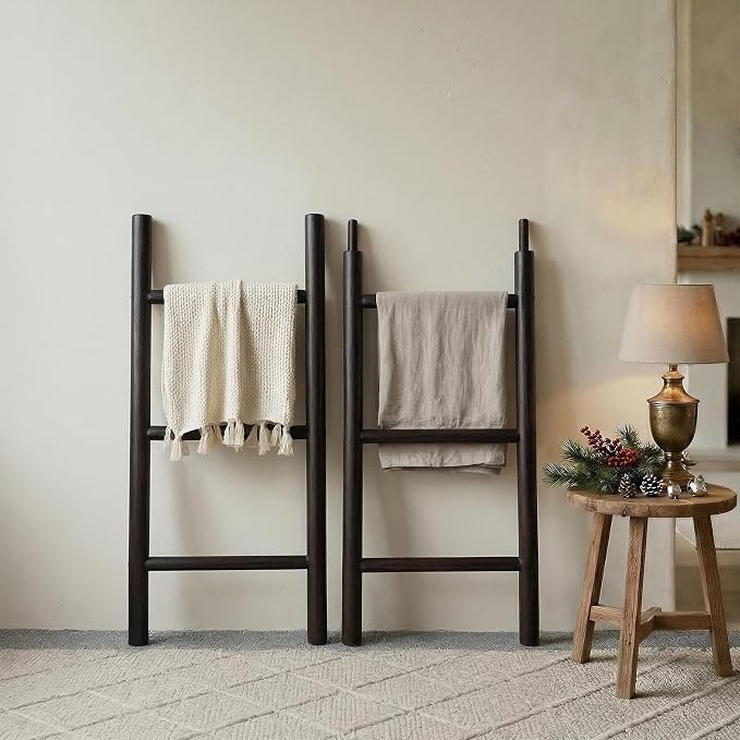 Wooden Blanket Ladder - 76in Natural Wood Color- Leaning Wall Decor for Bedroom, Bathroom, Living Room - Rustic Quilt Holder (Dark Walnut, 76in | Knock Down)