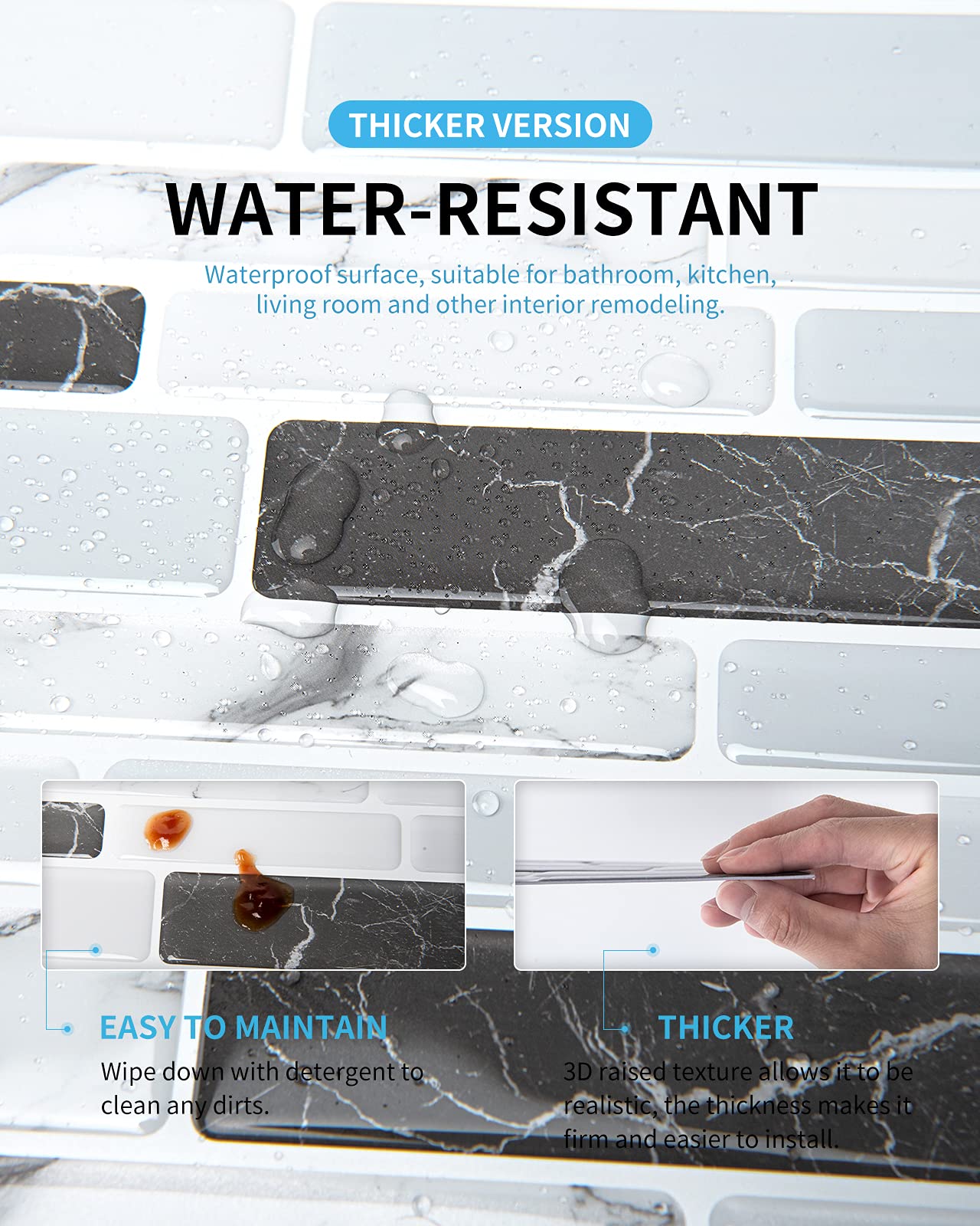 Art3d Thick Peel-and-Stick Kitchen Backsplash Tile, 10-Sheet Marble Design Self Adhesive Wall Tiles for Kitchen Bathroom Back Splash - Grey