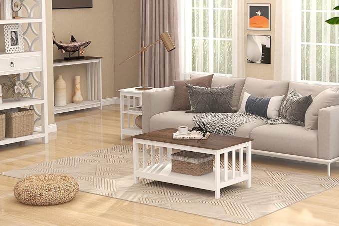 ChooChoo Farmhouse Coffee Table, White Living Room Table with Shelf, 40 Inch