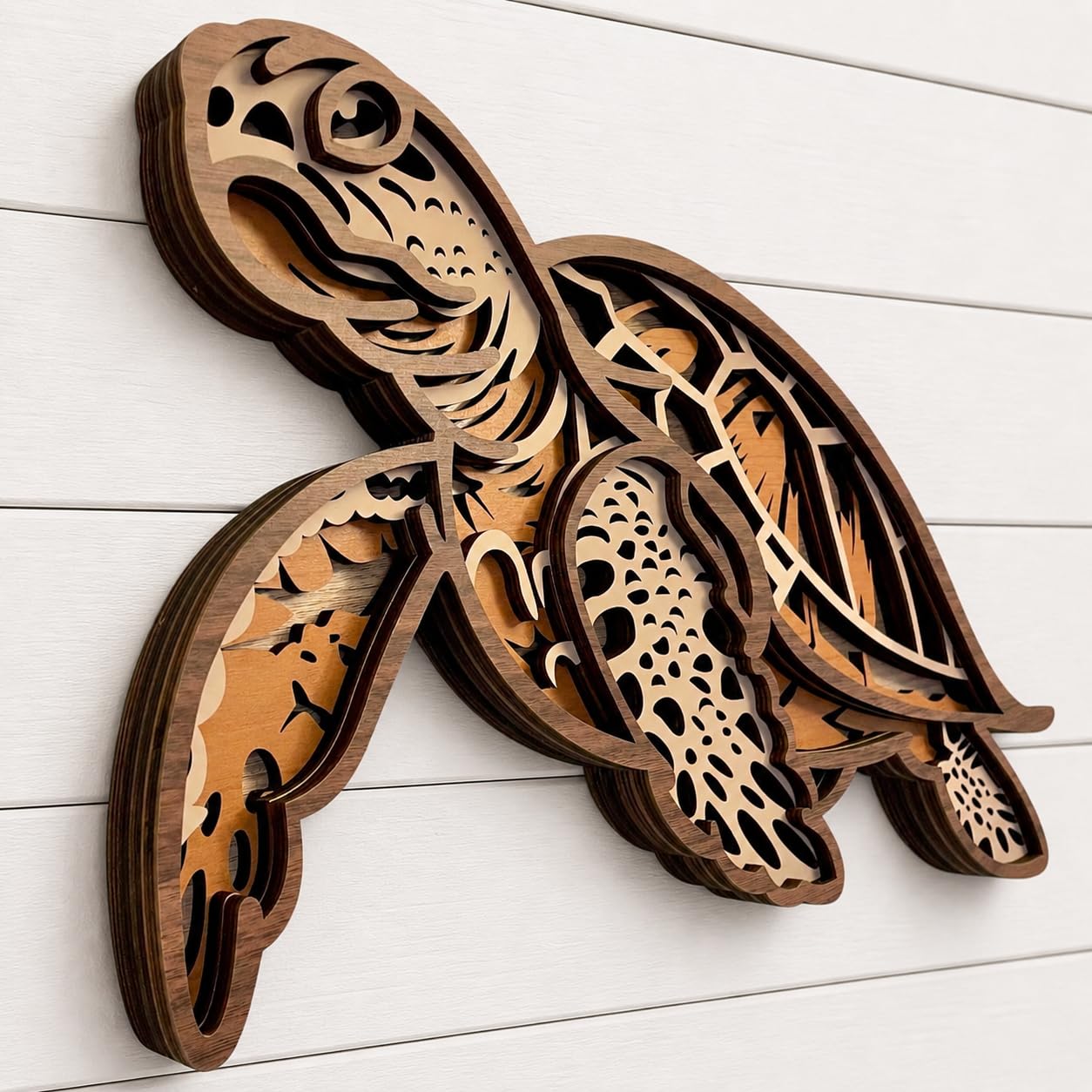 Fossil King Sea Turtle Wall Decor Large 15" – 3D Layered Wood Coastal Wall Art Beach House Ocean Decor