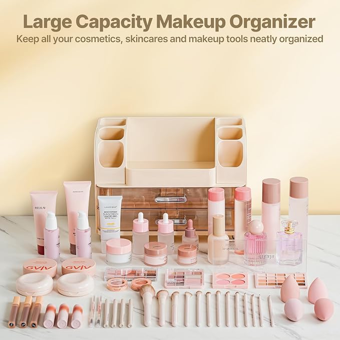 Makeup Organizer with Brush Holder, Makeup Organizer Countertop with 2 Drawers, Make up Organizers for Vanity, Vanity Organizer, Makeup Storage For Skin Cares,Makeup Brushes,Lipsticks,Perfumes(Cream)