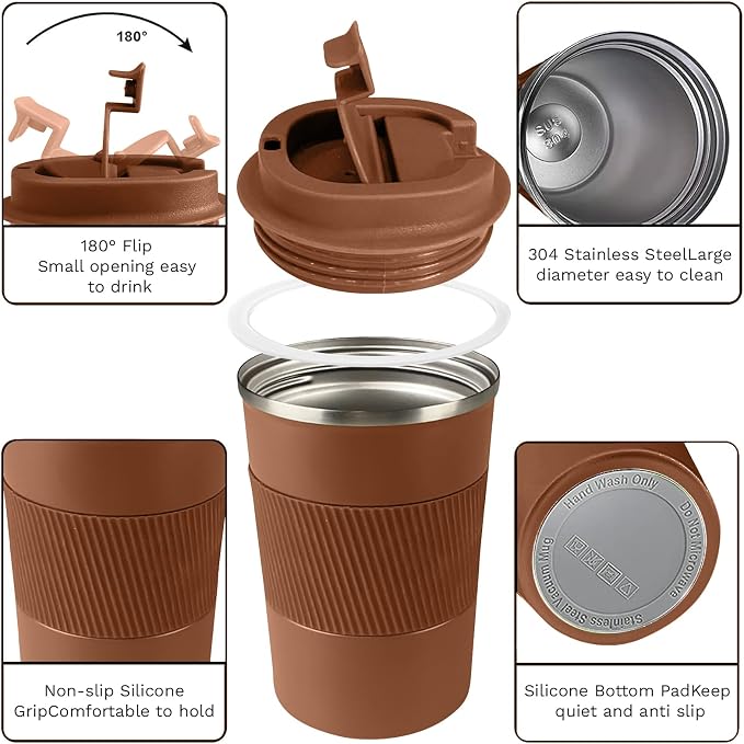 YINBAOGE Insulated Travel Coffee Mug, Spill & Leak Proof, Portable To Go Camping Stainless Steel Coffee Tumbler, Reusable Thermal Coffee Cup with Lid for Hot & Cold Drinks (Brown, 17 OZ)