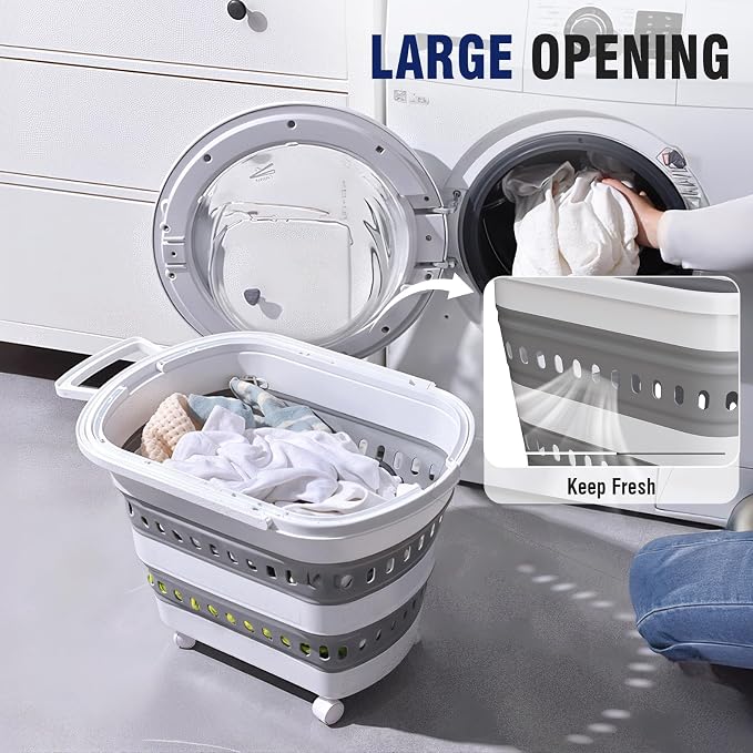 Collapsible Plastic Rolling Laundry Basket Hamper with Wheels, 45L Portable Rubber Clothes Basket, Pop Up Storage Container/Organizer for Washing & Storage, Grey