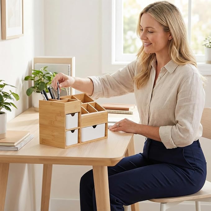 Bamboo Makeup Organizer with 3 Drawers, Dresser Cosmetic Organizer Box,Bamboo Desk Organizer for Home with Adjustable Dividers（11.5x5.4in）