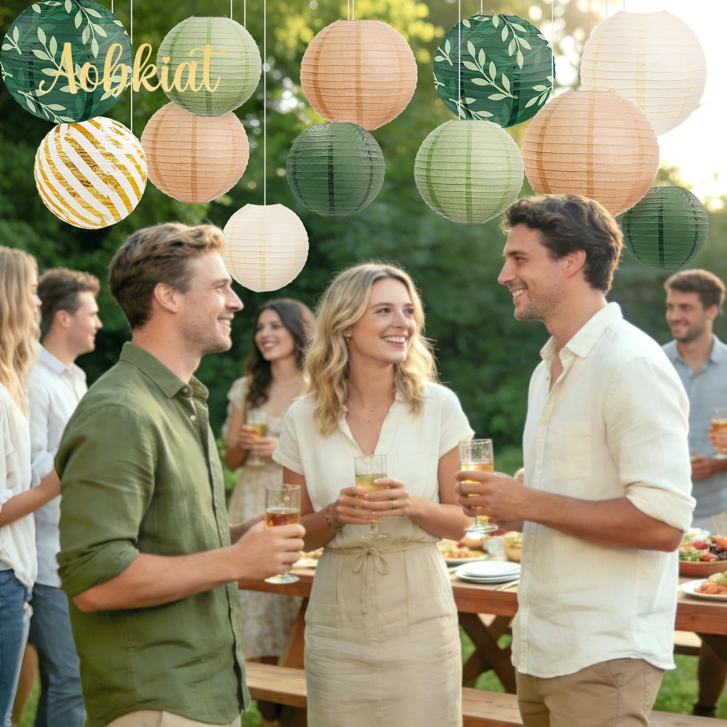 AOBKIAT Party Decorations Paper Lanterns Set,12PCS Sage Green Brown Chinese Japanese Hanging Paper Lantern for Green Boho Wedding,Birthday,Baby Shower,Bridal Showers,Neutral Party Decor