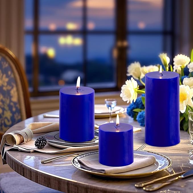 KONNI Classic Blue Pillar Candles Set of 3, 3"x 3" Unscented Pillar Candles Bulk, 30 Hours Long Burning Candles, Smokeless&Dripless Large Round Candle for Wedding, Home Decoration, Parties, Spas